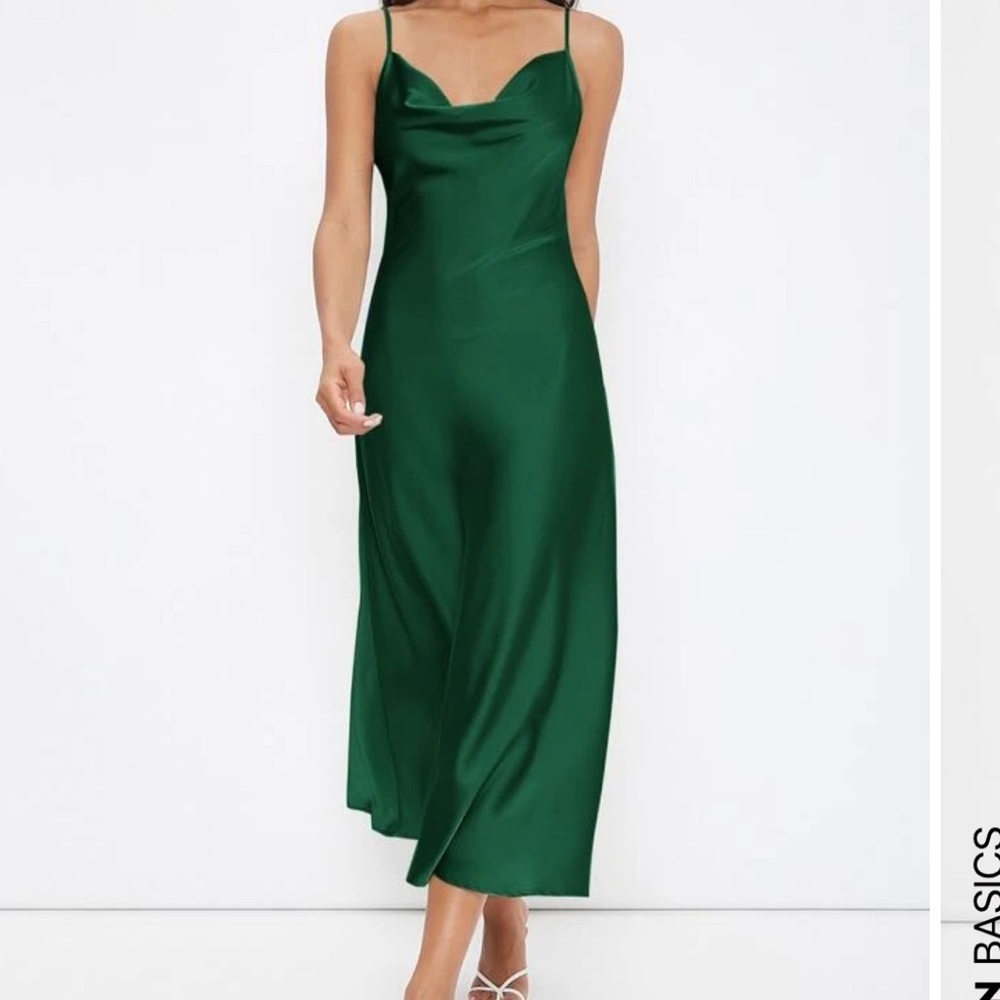 Green Satin midi cowl neck dress
